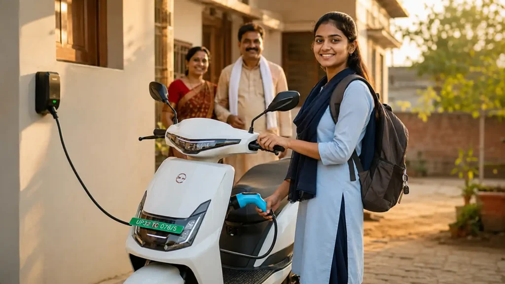 college girl charging a white electric scooter outside her home